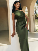 Vestido largo sexy elegante de satén un hombro descubierto sin espalda -35