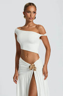 Conjunto de vestido sexy con espalda descubierta cuello inclinado top corto falda con abertura-15