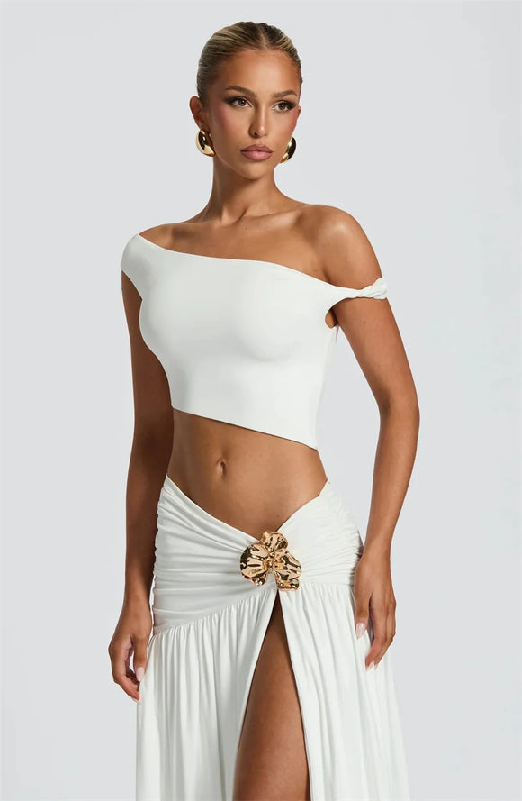 Conjunto de vestido sexy con espalda descubierta cuello inclinado top corto falda con abertura