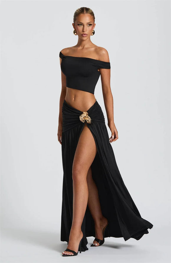 Conjunto de vestido sexy con espalda descubierta cuello inclinado top corto falda con abertura