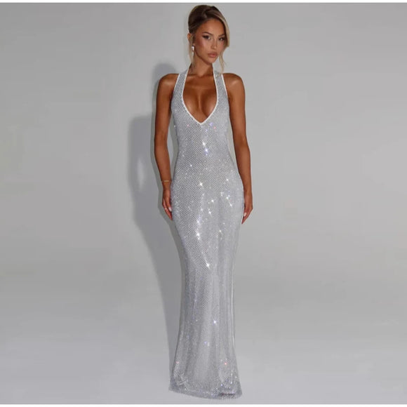 Women's Sexy Long Dress Sequin Elegant  Backless Sleeveless