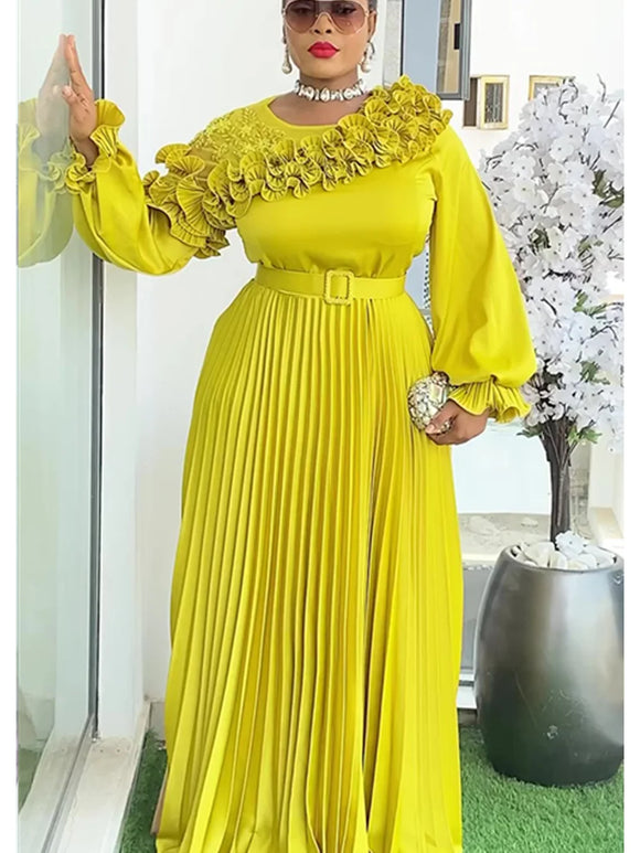 Women's Sexy Maxi Dress Plus Size  Elegant Pleated Long Sleeves
