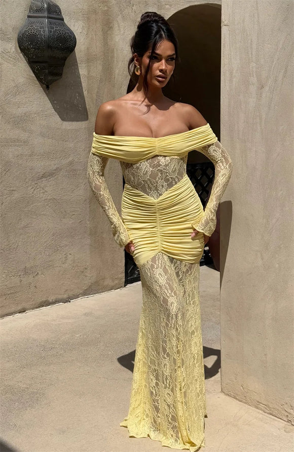 Women’s Sexy Dress Elegant Off Shoulder Lace See Through Backless