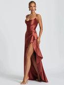 Articat Elegant Sexy Long Dress Satin Women Spaghetti Straps Backless Slit-6