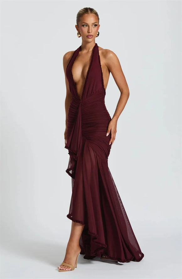 Women's Sexy Long Dress Deep V Neck Backless Elegant Party Gown