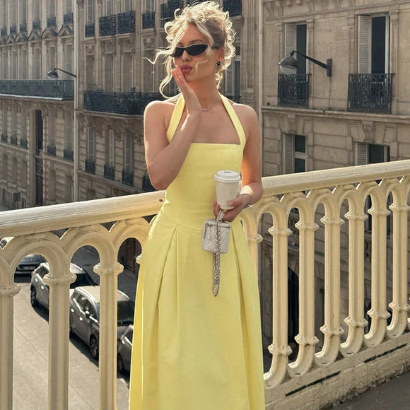 Vestido midi sexy cuello halter espalda descubierta liso sin mangas corte A