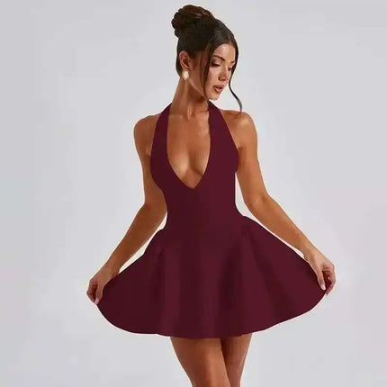 Comprar burdeos Vestido mini para mujer plisado corte A sin espalda sin mangas sexy y elegante.