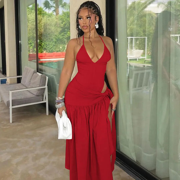 Sexy Set 2 Pieces for Women Elegant Lace Up Backless Bodysuit Slit Skirt