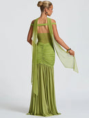 Women's Sexy Dress Elegant Long Deep V Neck Backless Ruched Gown-6