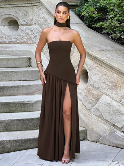 Buy brown Sexy Maxi Dress Women Gown Strapless Elegant Off Shoulder Backless High Split