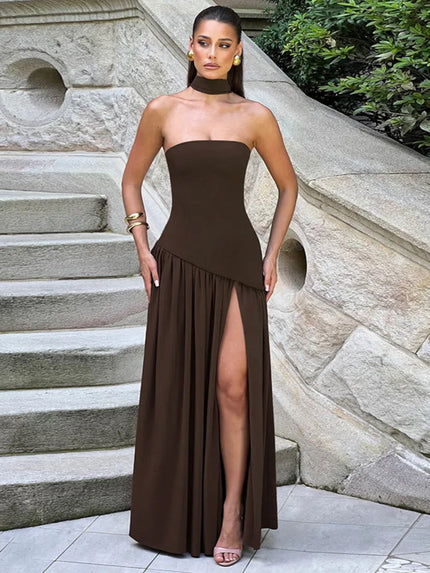Buy brown Sexy Maxi Dress Women Gown Strapless Elegant Off Shoulder Backless High Split