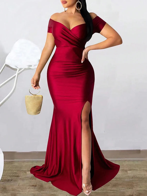 Women's Sexy Long Dress High Slit Evening with Sleeves Elegant Mermaid