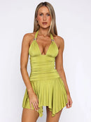 Women's Sexy Mini Dress Elegant Backless V Neck Ruched Pleated