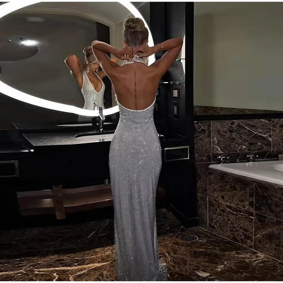 Women's Sexy Long Dress Sequin Elegant  Backless Sleeveless
