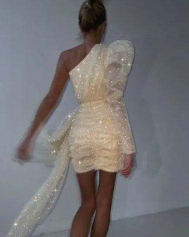  Women’s Wedding Mini Dress Elegant Bling Tulle One Shoulder Puff Sleeve Bow 