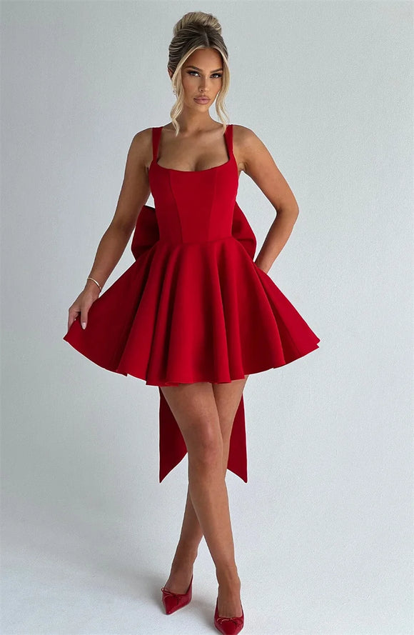 Women's Sexy Mini Dress Elegant Backless Bow Spaghetti Strap