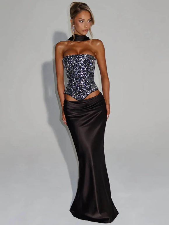 Women's Sexy Dress Sequin Set Crop Top Long Satin Skirt Elegant