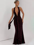 Women’s Dress Elegant Maxi Deep V Neck Backless Sleeveless Draped Ruched