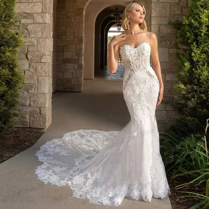 Women’s Gorgeous Wedding Dress Elegant Off Shoulder Lace Luxury Gown Bridal Appliques 