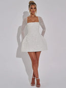 Women's Sexy Mini Dress Sequined Long Sleeve Backless Lace Up A-Line