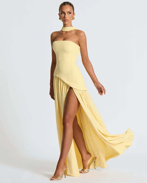 Women's Sexy Maxi Dress Elegant Strapless Backless High Slit Evening Gown