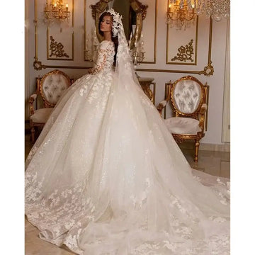 Women's Princess Wedding Dress Vintage Lace Ball Gown Long Sleeves Shinny Tulle