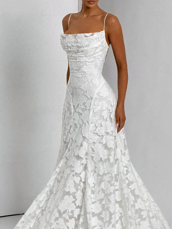 Elegante vestido largo de gasa con patchwork y tirantes finos sin espalda 