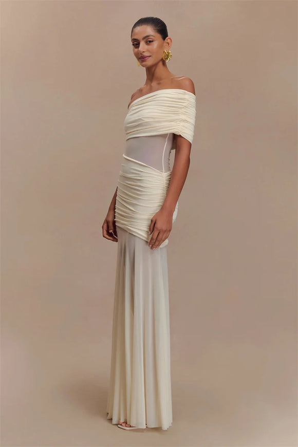 Robe longue sexy pour femme élégante épaules dénudées maille dos nu 