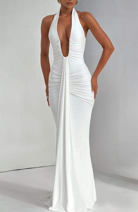 Sexy Maxi Dress Deep V-Neck Ruched Backless Elegant for Women