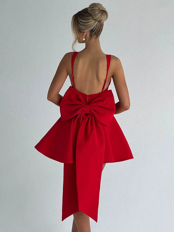 Women's Sexy Mini Dress Elegant Backless Bow Spaghetti Strap