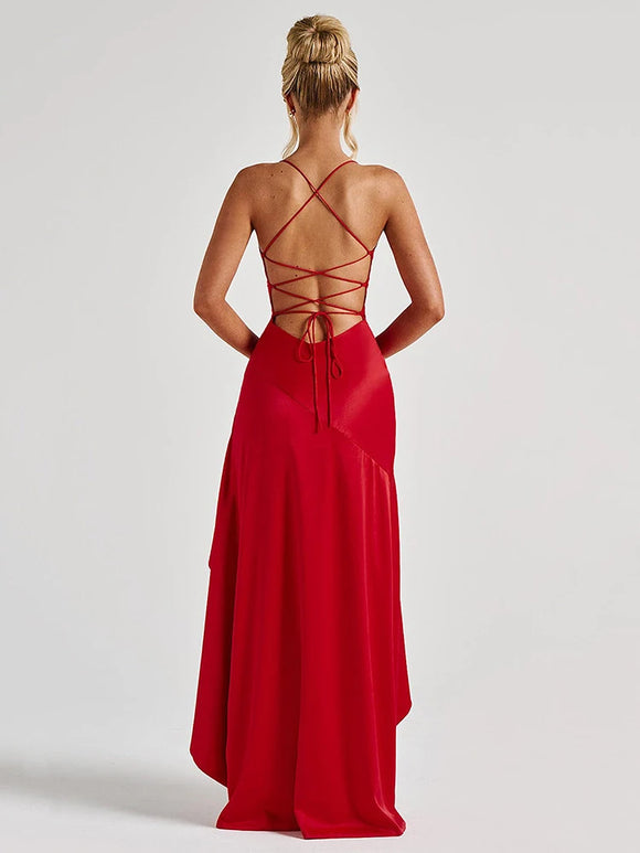 Elegant Sexy Maxi Dress Satin Women Spaghetti Straps Backless Slit