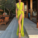 Robe sexy décolleté en V profond élégante ajourée fendue sans manches-15