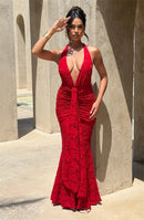 Women’s Dress Elegant Maxi Deep V Neck Backless Sleeveless Draped Ruched