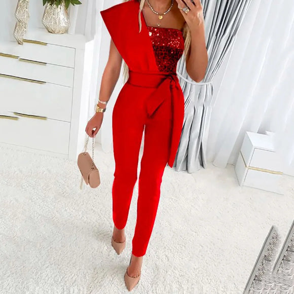 Women’s Jumpsuit Wedding Guest Elegant Sequins One Shoulder Bodycon