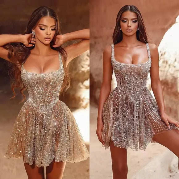 Sexy Mini A-line Graduation Ball Dress Shiny Square Neck and Thin Strap Graduation Dress Cocktail Party Dress Customization