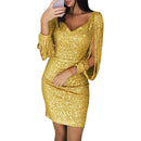 Women's Sexy Mini Dress Silver Sequin V Neck Long Sleeve Slim Fit