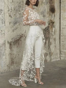 Women's Wedding Jumpsuit Elegant Lace Two Piece High Waist Long Sleeve