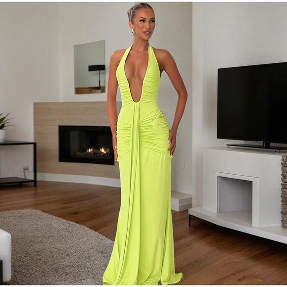 Robe longue sexy pour femme élégante décolleté en V profond froncée dos nu
