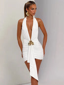 Women's Sexy Mini Dress Deep V Neck Backless Elegant Ruched Draped