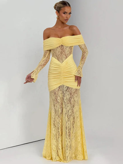 Buy yellow Women’s Sexy Dress Elegant Off Shoulder Lace See Through Backless