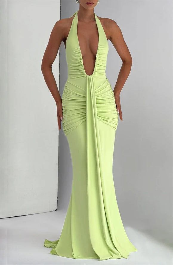 Sexy Maxi Dress Deep V-Neck Ruched Backless Elegant for Women