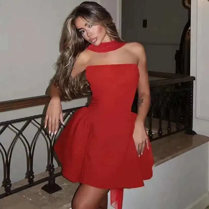 Women's Mini Dress Pleated A-Line Backless Sleeveless Sexy Elegant Gown