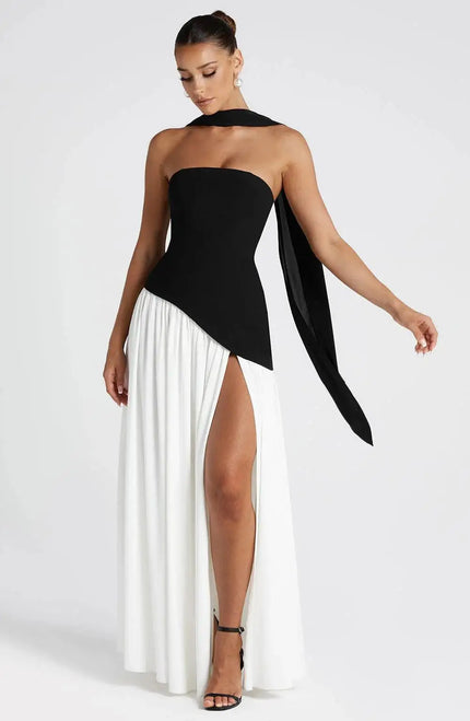 Buy black-and-white Women's Sexy Maxi Dress Corset Elegant Strapless Backless High Slit