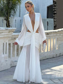 Maxi Dress Elegant For Women Long Sleeves Deep V-Neck Backless.
