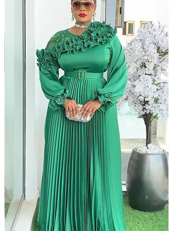 Women's Sexy Maxi Dress Plus Size  Elegant Pleated Long Sleeves