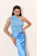 Vestido largo sexy elegante de satén un hombro descubierto sin espalda -21
