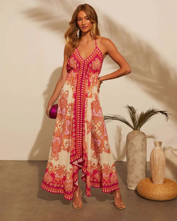 Bohemian Floral Sexy Maxi Dress for Women Elegant Strap Halter V Neck