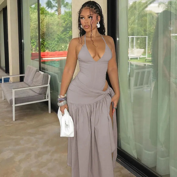 Sexy Set 2 Pieces for Women Elegant Lace Up Backless Bodysuit Slit Skirt