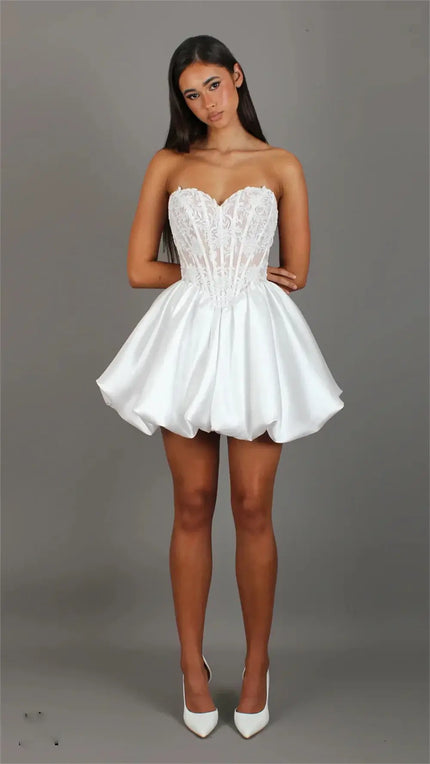 Luna Custom Made Short Mini Wedding Dress with Sweetheart Neckline & Lace Appliqué