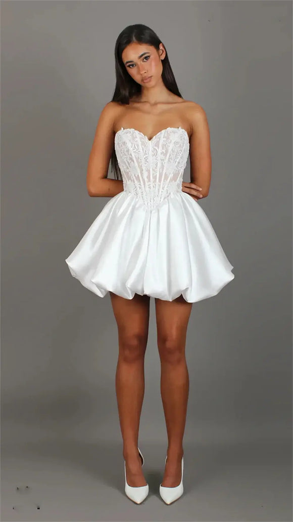 Luna Custom Made Short Mini Wedding Dress with Sweetheart Neckline & Lace Appliqué